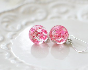 Mom gift Floral earrings mothers day jewelry pink Pressed flower nature inspired jewelry pink queens' anne's lace real flower jewelry