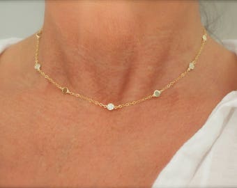 mini disc and cz disc station necklace - multi disc - gold disc necklace - chain necklace - teeny tiny discs - dainty