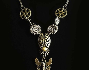 Steampunk Cogs Beetle and Dragon Fly Bronze Necklace