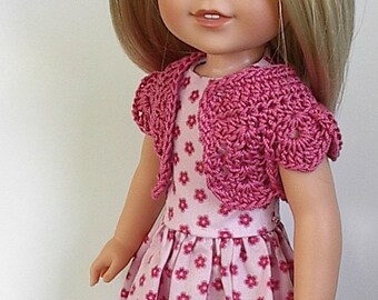 14.5" Doll Clothes Sleeveless Cotton Dress and Crocheted Bolero Shrug Handmade to fit Wellie Wishers Dolls - Pink and Darker Pink Flowers
