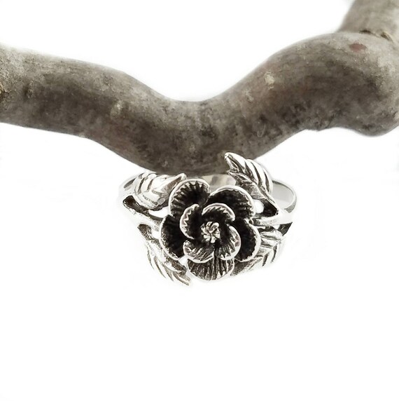 Rose RingSilver Rose with Leaves RingRose Flower RingOrnate