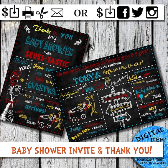 Dr. Seuss Baby Shower Invite Chalkboard Baby Shower & Thank You Card