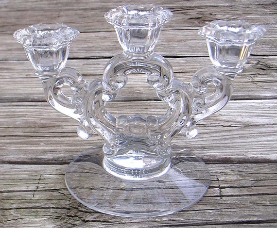 Vintage Three Arm Candle Holder Clear Glass with Scroll Design