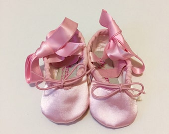 Pink Ballet Shoes, Satin Ballet Slippers, Pink Ballerina Slippers, Toddler Ballet Shoe with Ribbons, Ballet Shoes for Girls, Pink Baby Shoes