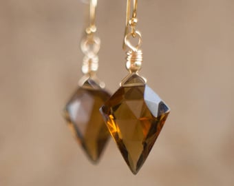 Arrowhead Earrings, Beer Quartz Earrings, Whiskey Quartz Earrrings, Gemstone Dangle Earrings, Handmade Jewelry, Silver, Gold, Rose Gold