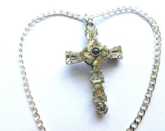 Vintage CZ STERLING Silver Cross, 925 Sterling Crystal Cross & Neck Chain, Hallmarked Sterling Necklace, Cross Necklace, Estate Jewelry