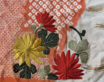 Kimono, antique silk embroidered Japanese kimono piece, flowers