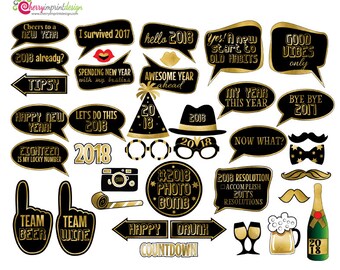 38 Funny 2018 New Year Countdown Photo Booth Props - Black and Gold Foil - INSTANT DOWNLOAD - DIY Printable (Res Jpeg)