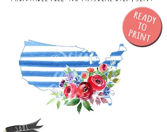 U.S.A Stripe Flowers - INSTANT DOWNLOAD - PDF Printable