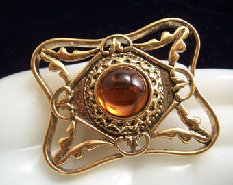 Vintage Ornate Amber Cabochon Brooch Pin