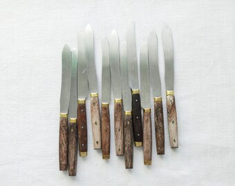 Set of11 French vintage brass wood handle knives-Antique French Knife-COUTEAUX-Old vintage knives-Shabby Chic-Wooden Handle-Stainless Knives