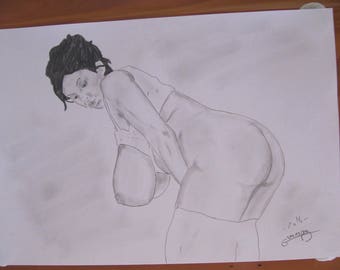 nude pencil drawing female erotic "Droopy" fine art A4