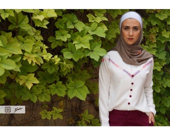Nazareth long-sleeve White shirt with colored handmade embroidery, ultra-violet threads, soft Melba fabric