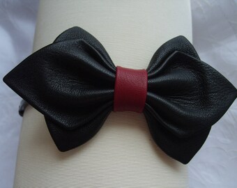 Red and black leather bow headband