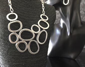 statement jewelry silver collar necklace hammered silver necklace metal jewelry silver statement necklace large link necklace silver earring