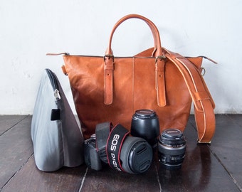 Dslr Camera Bag with Insert with shoulder strap - genuine Leather shoulder bag - tote bag - Leather with canvas lining - Tanned