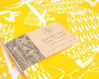 Yellow Screen Printed Goldfinch Design Tea Towel