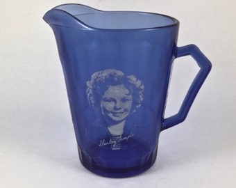 Shirley Temple Glass Pitcher, Hazel Atlas Glass, Vintage Cobalt Blue Milk Pitcher, Creamer, Captain January, 1936, Vintage Blue Glass