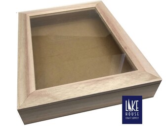 Bare Wood Shadow Box with Hinged Glass Top. Plain Wood Shadowbox With Hinged Glass Top. Lake House Craft Supply