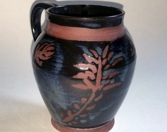 Black and Smokey Blue Floral Mug - Wheel Thrown Pottery - Holds 20 ounces or 2 1/2 cups with some room to spare! Made with Red Clay