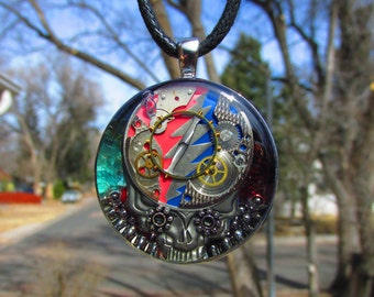 Huge Grateful Dead Inspired Steal Your Face Steampunk Bearing Pendant