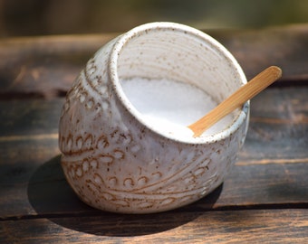 stoneware salt pig / salt cellar with small spoon