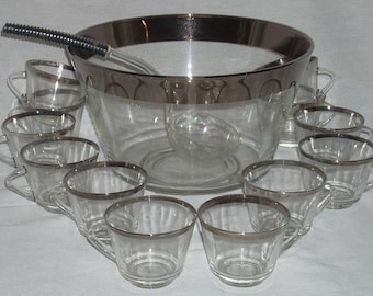 Mid Century Modern Silver Platinum Band Halo Glass Punch Bowl Cups and Ladle Dorothy Thorpe Era