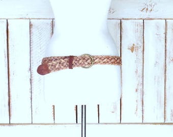 90s vintage wide tan brown woven leather braided belt/braided leather statement boho belt/fits up to 40"