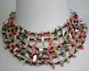 Mother of Pearl 6 Strand Necklace & Earrings Set Tinted Vintage Made in Japan