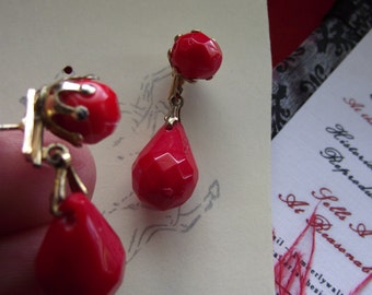 E-0551 - Vintage Red Coral Faceted Glass Earrings - Regency Earrings, 19th Century Earrings, Georgian Earrings, 18th Century Earrings, 1950