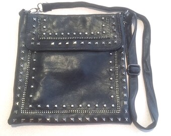 Vintage Black Leather Elaborately Studded Boho Handbag, Black Leather Gunmetal Studded Cross Body Bag, Decorated Leather Large Purse
