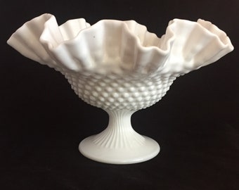 Hobnail Milk Glass Ruffled Bowl, Pedestal Compote, Crimped Glass Bowl, Wedding Decor