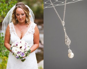 Crystal Bridal Wedding Necklace, Swarovski Pearl Pendant Necklace, Art Deco Filigree Necklace, Pearl Drop Necklace, Bridal Jewelry, TRISSIE