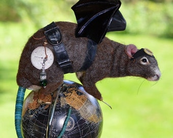 Steampunk "Rats Rule" Brown River Rat Life Size OOAK Artist Needle felt Sculpture by Stevi T. Free Shipping