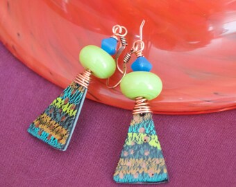 Triangle Earrings, Green Ikat Earrings, Polymer Clay Jewelry, Lampwork Glass Bead Earrings, Unique Artisan Earrings