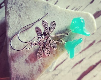 Dragonfly earrings, Dangle Earrings, Dragonfly Jewelry, Blue Glass Earrings, gift for her