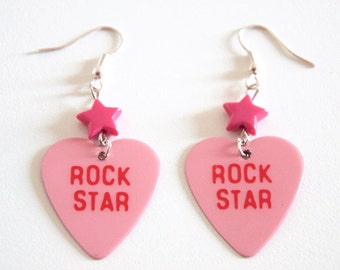 Pink Heart Rock Star Guitar Pick Earrings with Stars