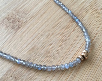 Fire Labradorite Necklace, 14K Gold Filled Necklace, Gold Necklace, Labradorite Jewelry, Gray Beaded Necklace, Gemstone Necklace