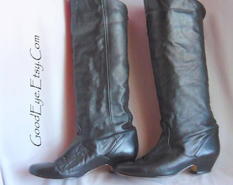 Vintage Leather SLOUCH Boots BLACK / size 7 m EU 37 .5 / Cuffed Pirate Pixie Knee Boot Flat Heel / 1990s made Uruguay