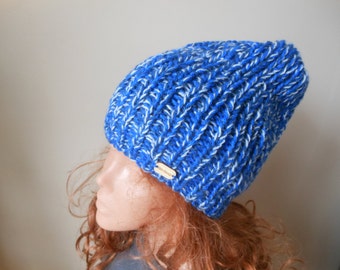Hand Knit Slouchy Beanie Hat Acrylic Blue Navy Blue blend