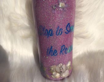 Stop to Smell the Roses Pink Glitter Tumbler,
