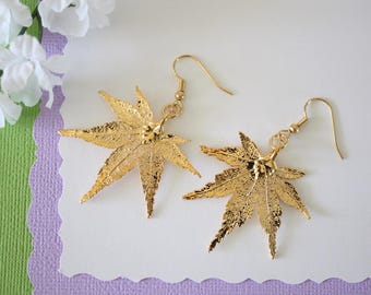Gold Leaf Earrings, Real Japanese Maple Leaf, Real Leaf Earrings, Maple Leaf, 24kt Gold, Nature, LESM175