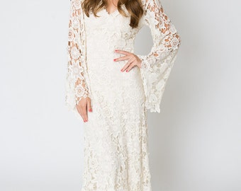 Vintage-Inspired Bohemian Wedding Gown. BELL SLEEVE LACE Crochet Ivory or White Hippie Wedding Dress. Boho Embroidered Maxi Lace Dress