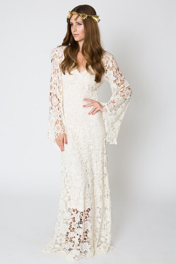 Vintage-Inspired Bohemian Wedding Gown. BELL SLEEVE LACE
