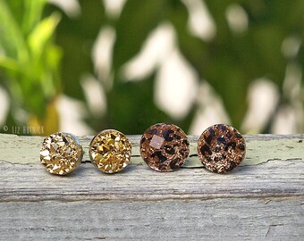 Faux Gold Druzy and Leopard Glitter Stud Earrings, Two Pair Set
