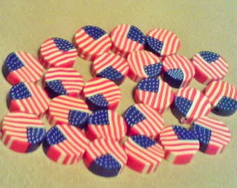 American flag beads; hand crafted polymer clay, American flag flat coin beads, 15x3.5mm, 5-10pcs/3.60-7.00.