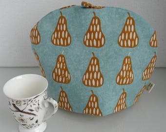 Orange pear and turquoise blue print tea cosy / cozy / cosie / cozie