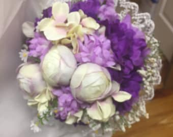Bridal bouquet purple and white flowers made usa 020