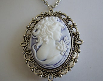 Antiqued Silver Cameo Locket Necklace Wedding Bride Bridesmaids Mother Wife Sister Anniversary Gift Daughter Photo Pictures - Veronica