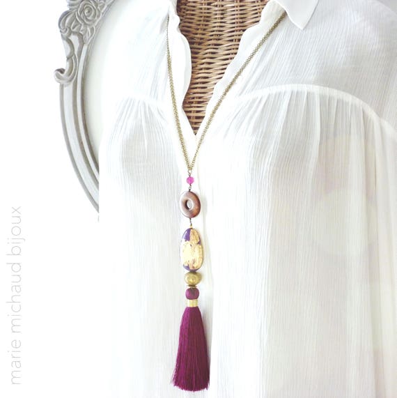 Purple necklace, One-of-a-kind necklace, Boho chic necklace, Silk tassel necklace, Hand painted necklace, Purple jewelry, Statement jewelry